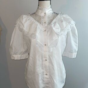 White Puff Sleeve Ruffled Bib Collar Blouse